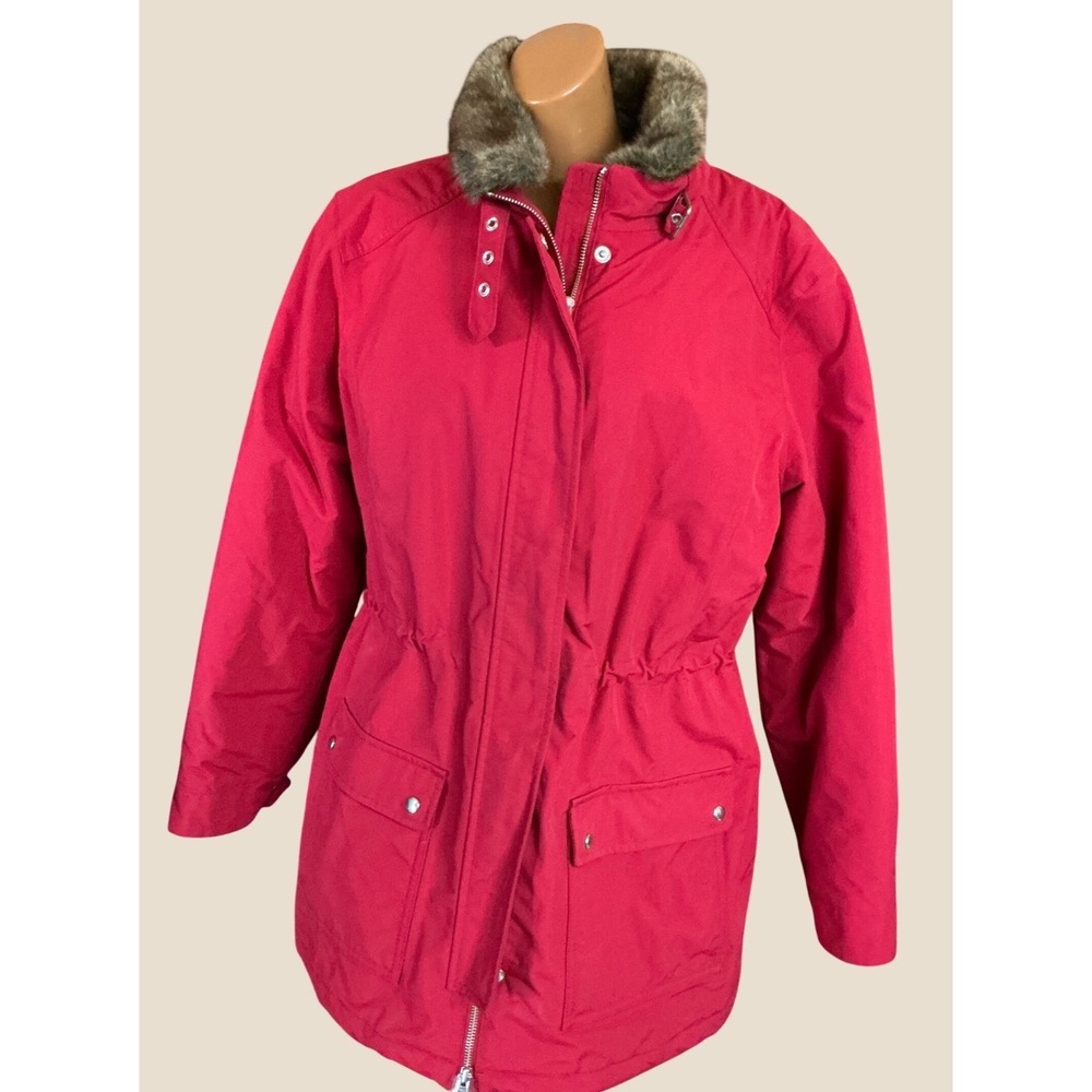 Lands' End Parka Jacket Faux Fur Trim Red Cinched Waist Large 14-16 Utility